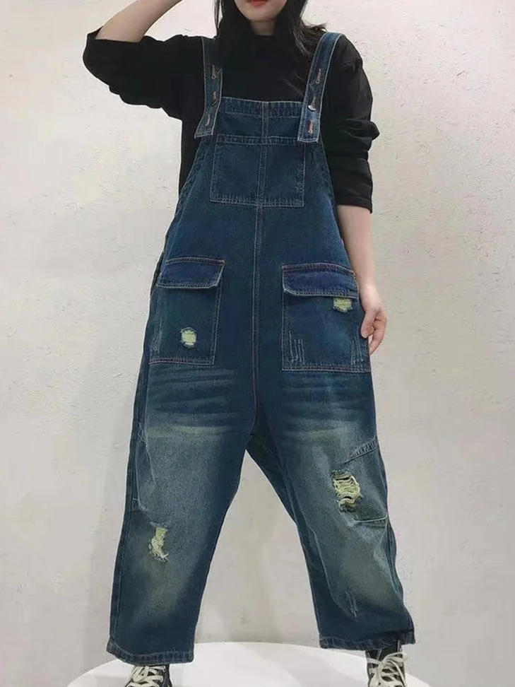 Women's Retro Washed Distressed Loose Jumpsuit