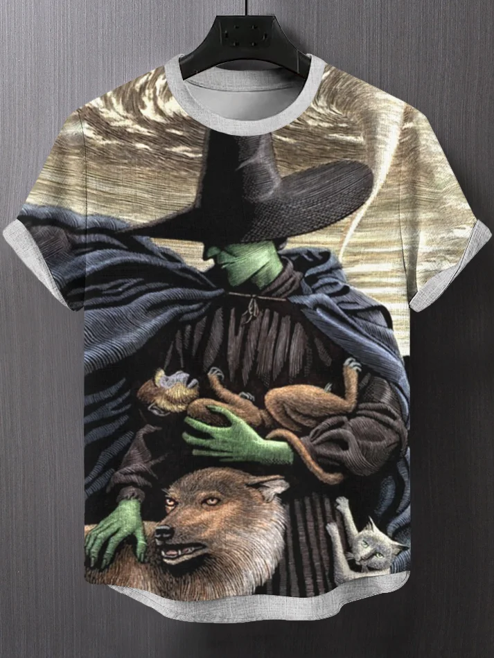 Men's Green Witch Wolf Monkey Print Casual T-Shirt