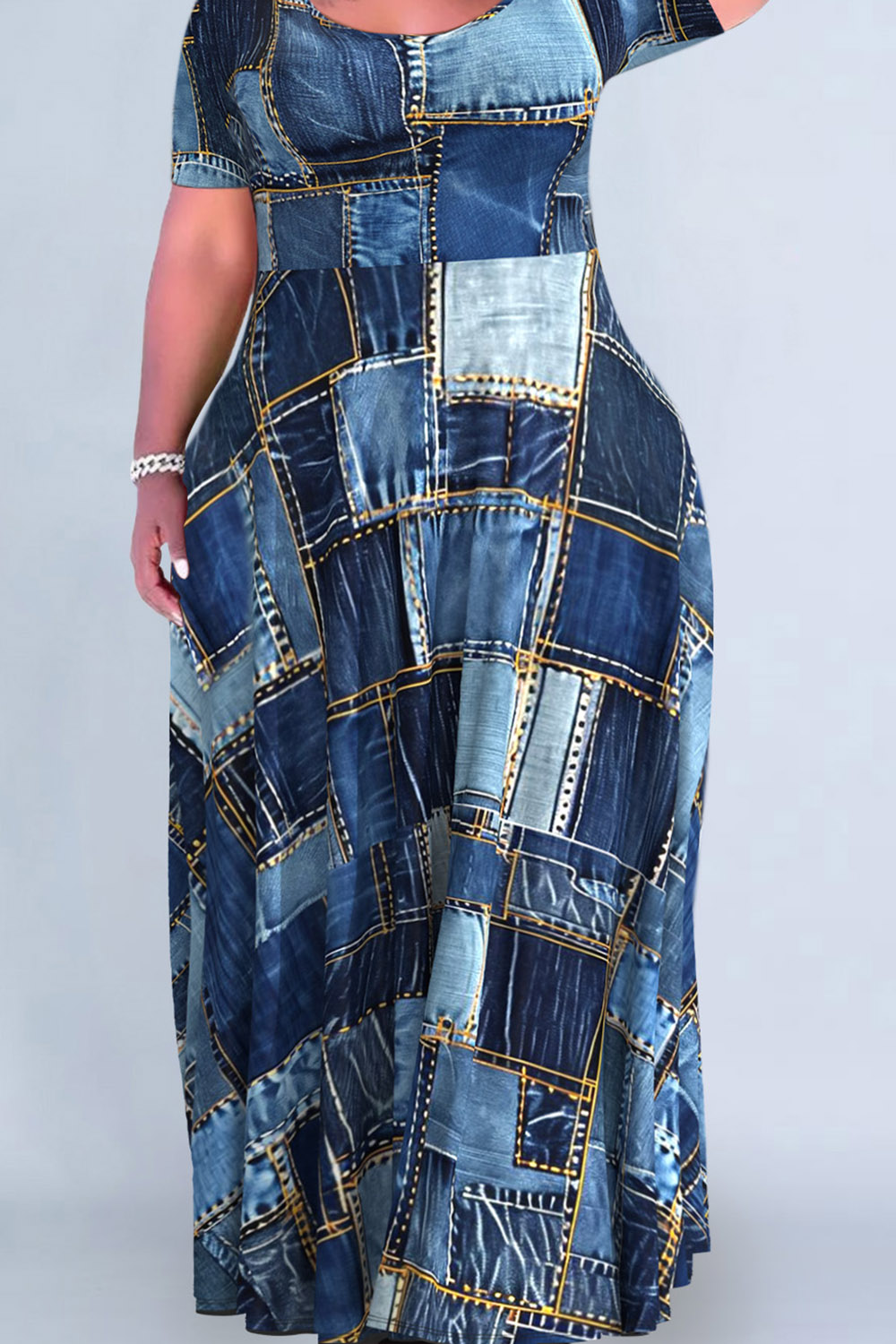 Plus Size Dark Blue Patchwork Crew Neck Denim Print Maxi Dresses [Pre-Order]