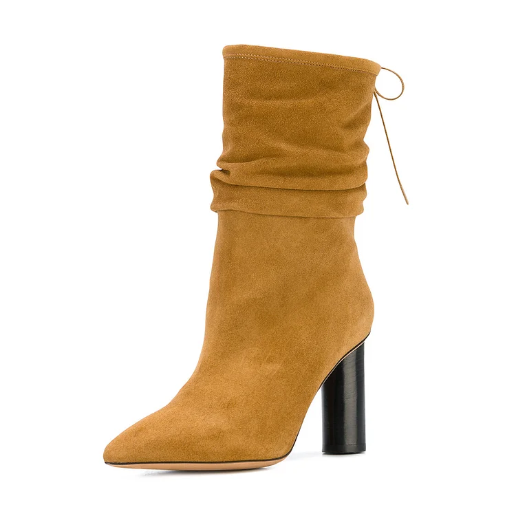 Mustard Slouch Boots Cylindrical Heel Pointy Toe Vegan Suede Mid Calf Boots |FSJ Shoes