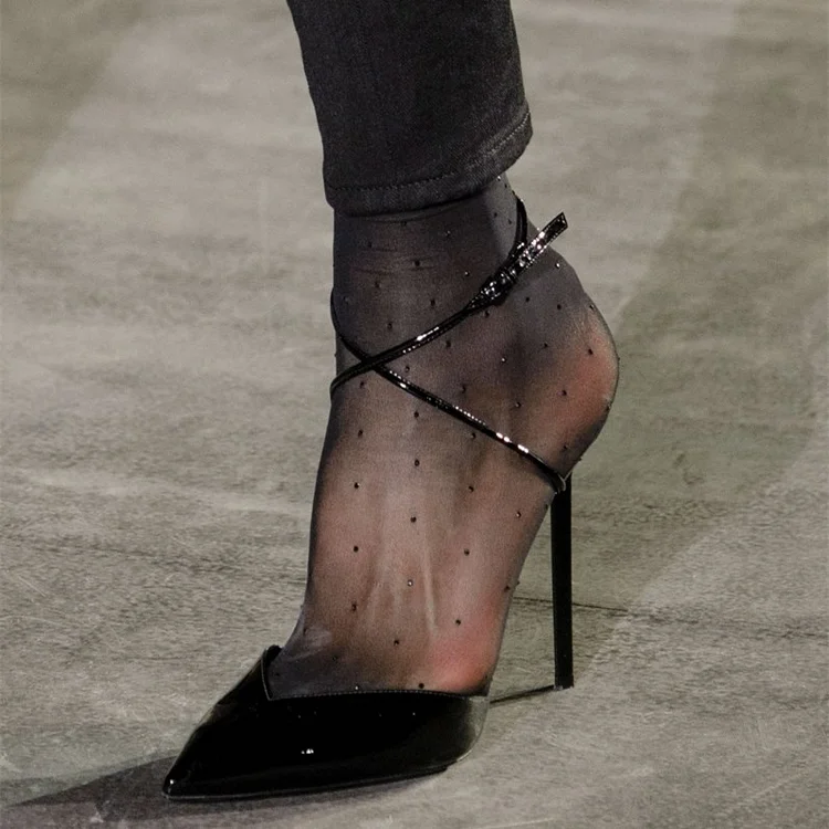 Black Crossed-Over Sexy Heels Patent Leather Stiletto Heel Pumps |FSJ Shoes