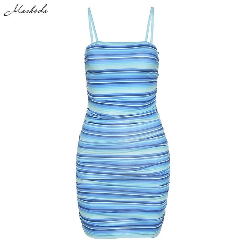Macheda Autumn Fashion Stripe Sling Mini Dress Women Back Hollow Out Clothing Street Casual Lady Slim Hit Color Dress 2021 New