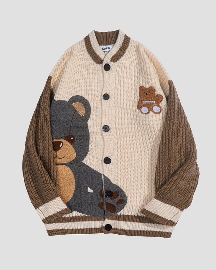 Y2K Vintage Color Block Bear Print Cardigan Sweater-luchamp:luchamp