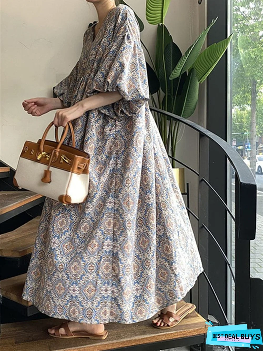 Printed V-Neck Loose Swing Lantern Sleeve Dress