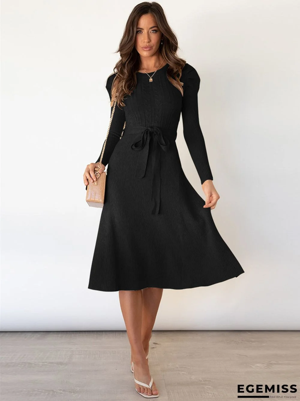 Bubble Sleeve Medium Long Style Slim Big Hem Knitted Dress | EGEMISS