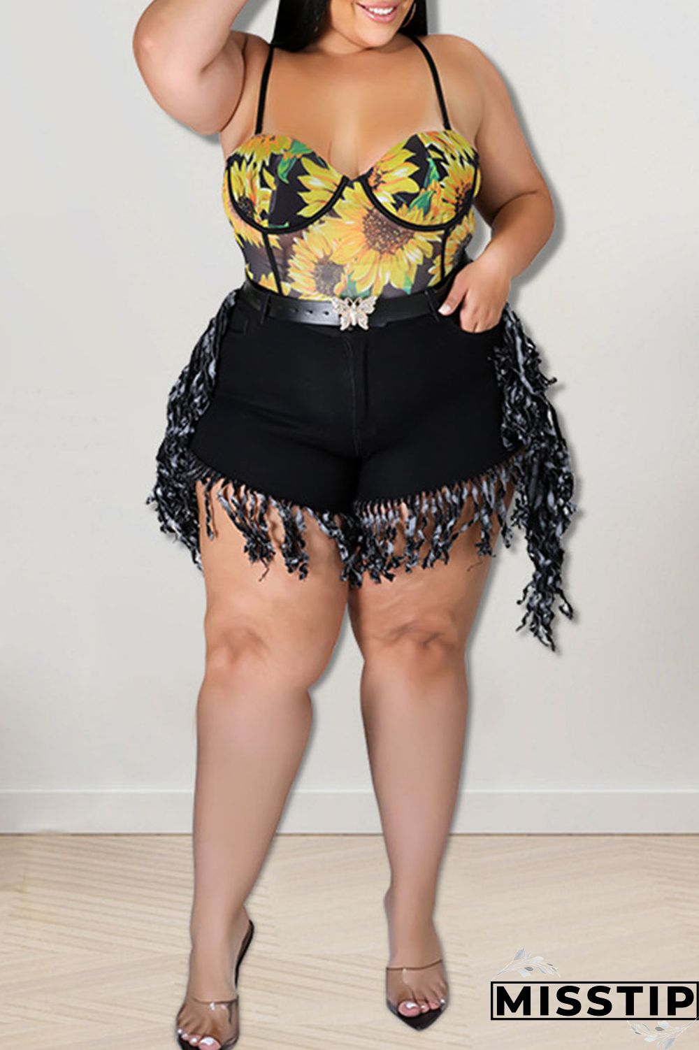 Black Casual Street Solid Tassel Patchwork Plus Size Jeans