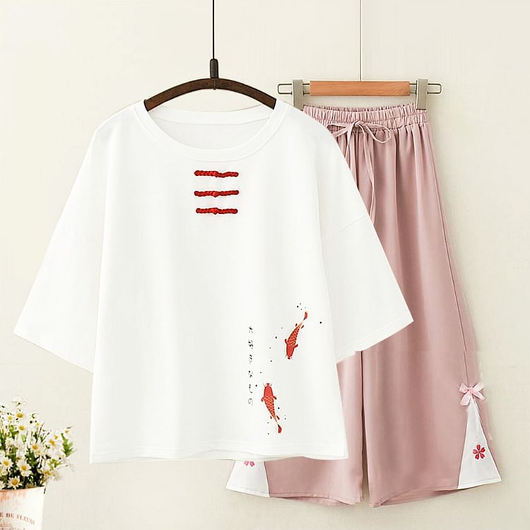 Vintage Fish Blossom Print Loose Shirt Pants Set - Modakawa modakawa