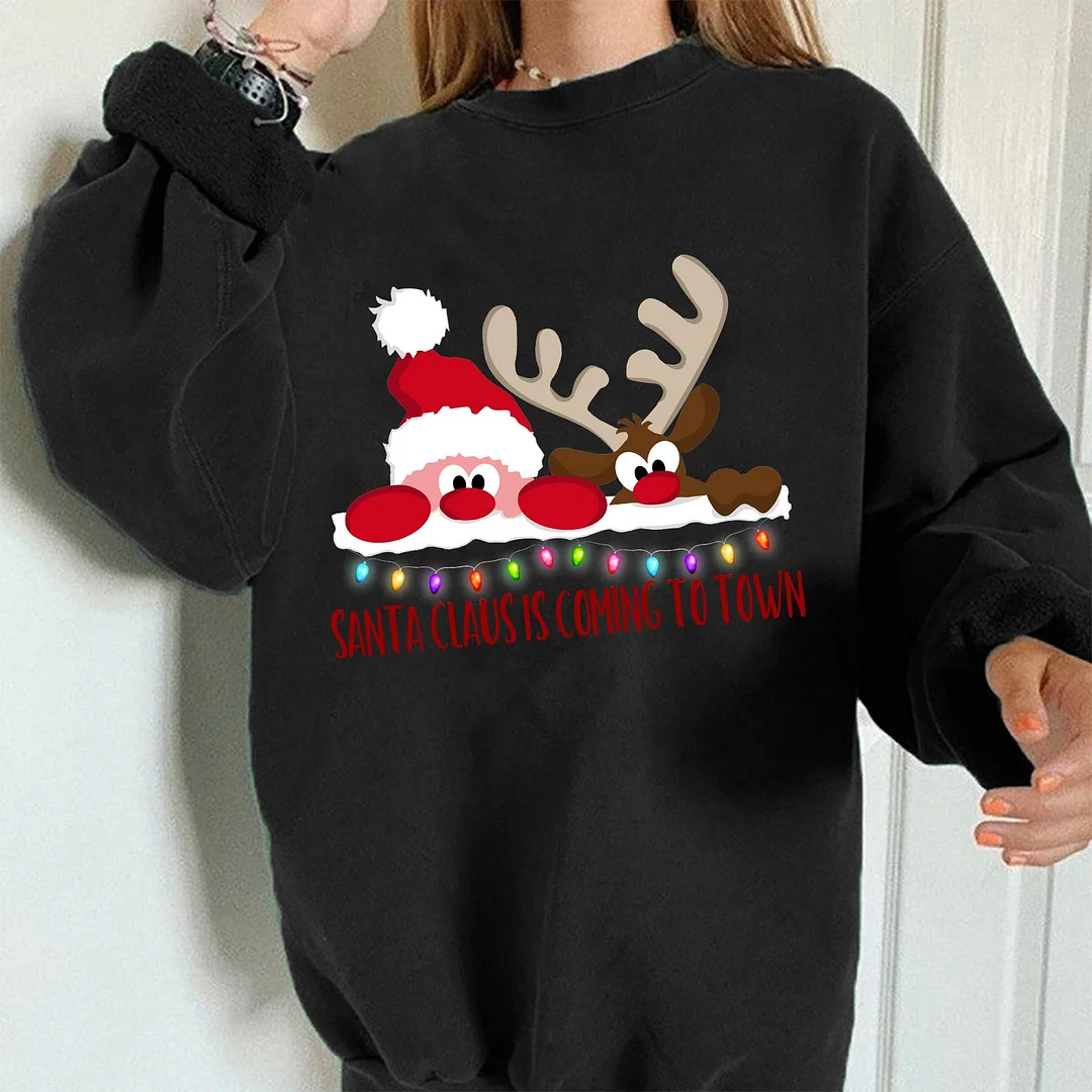 Christmas Reindeer Print Long Sleeve Crew Neck Fleece Pullover Women-elleschic