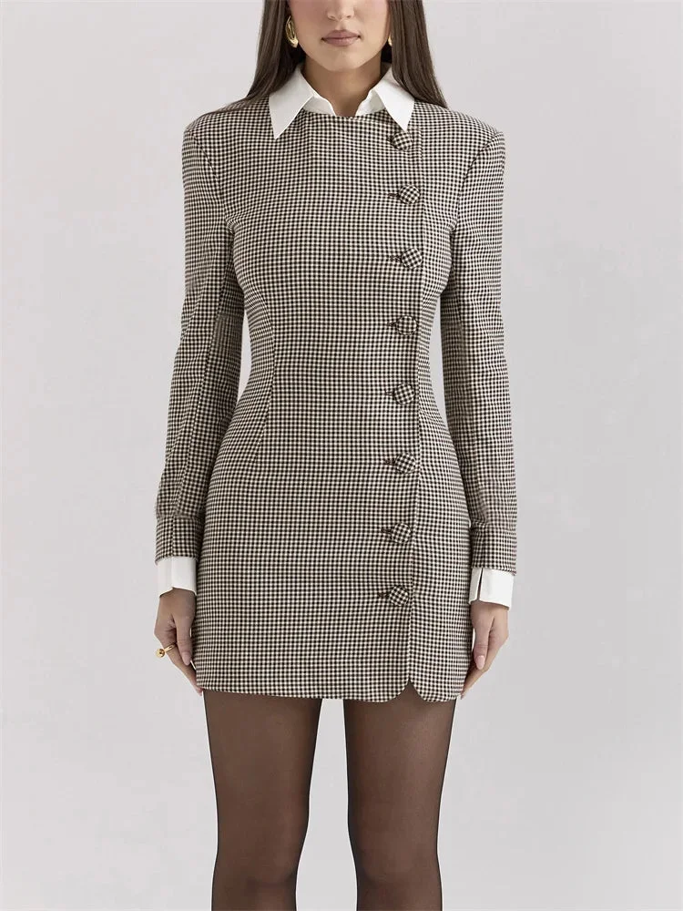 Toloer Plaid Buttoned Collar Long Sleeve Mini Dress-Outfit Ideas
