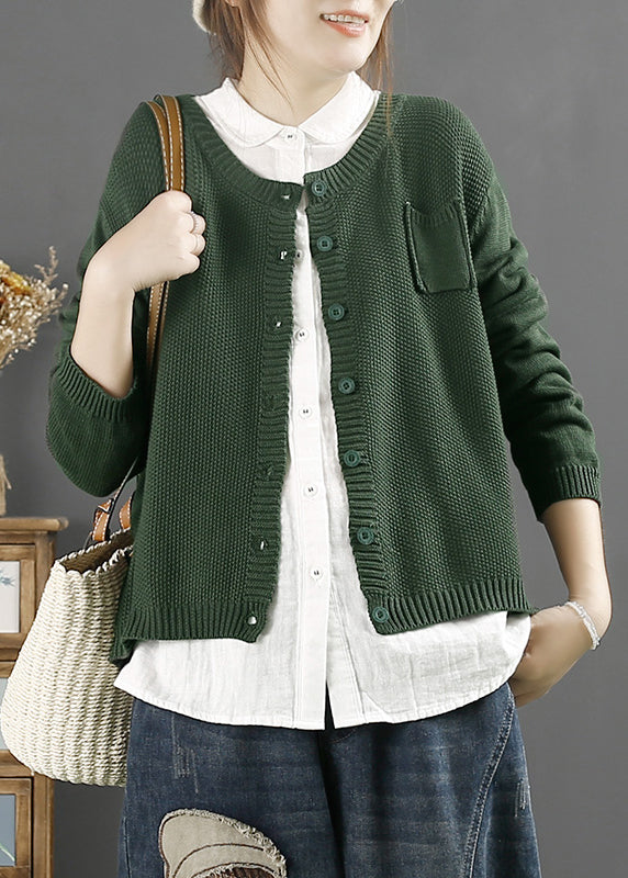 VCSHOES Loose Blackish Green O Neck Button Cotton Knit Coats Fall