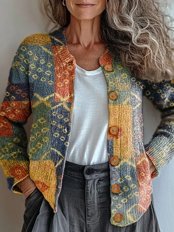 Retro Color Block Art Print Buttoned Cardigan Sweater