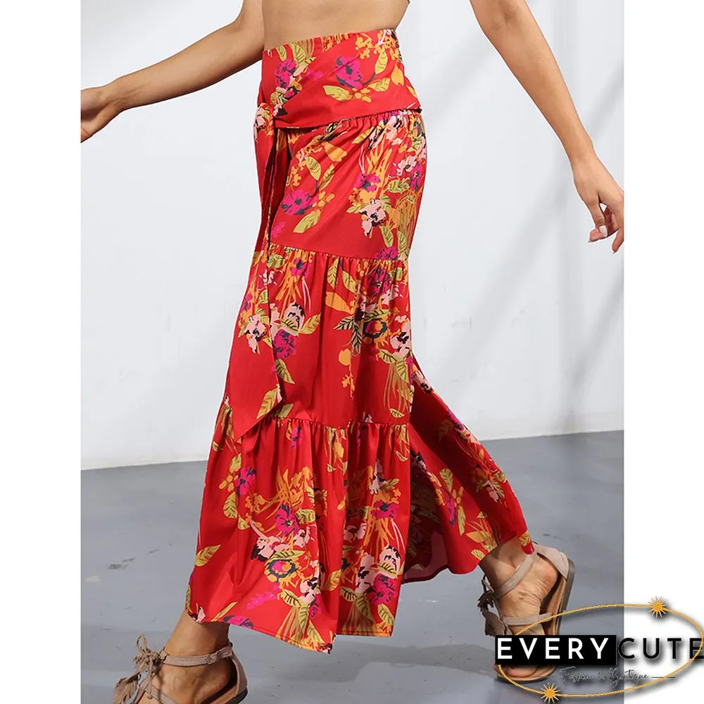 Red Digital Print Cropped Wide Leg Boho Pants with Tie
