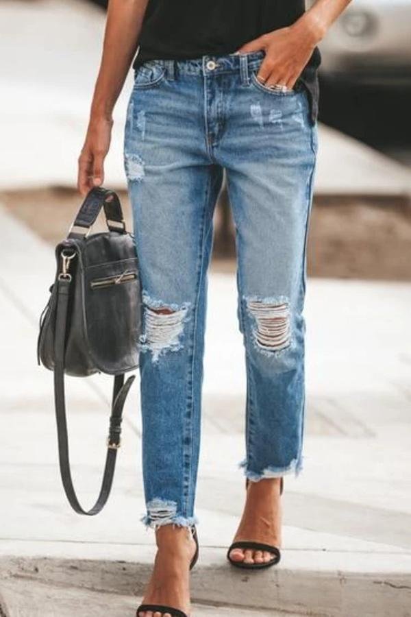 Womens Ripped Slim Fit Washed Jeans-Allyzone-Allyzone