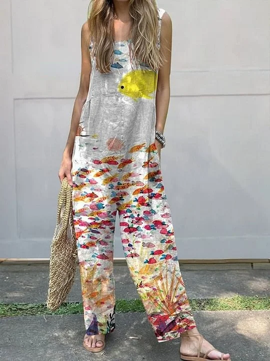 Watercolor Sea Fish Art Printed Women's Casual 100% Cotton Wide Leg Jumpsuit