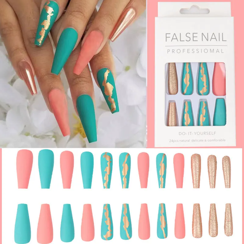 24pcs Extra Long Coffin False Nails yellow Flower designs Rhinestone Ballerina Fake Nails Full Cover Nail Tips Press On Nails