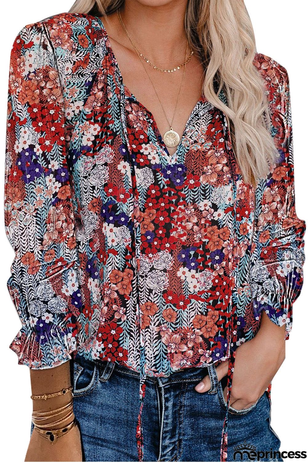 Printed Long Sleeve V-Neck Drawstring Shirt