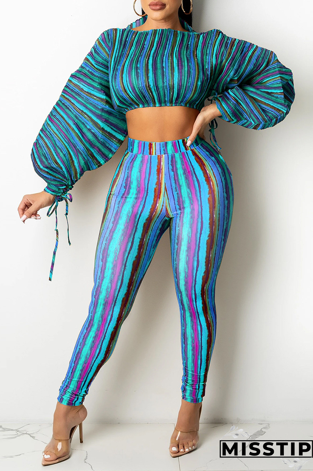 Lake Blue Sexy Striped Patchwork Half A Turtleneck Long Sleeve Two Pieces