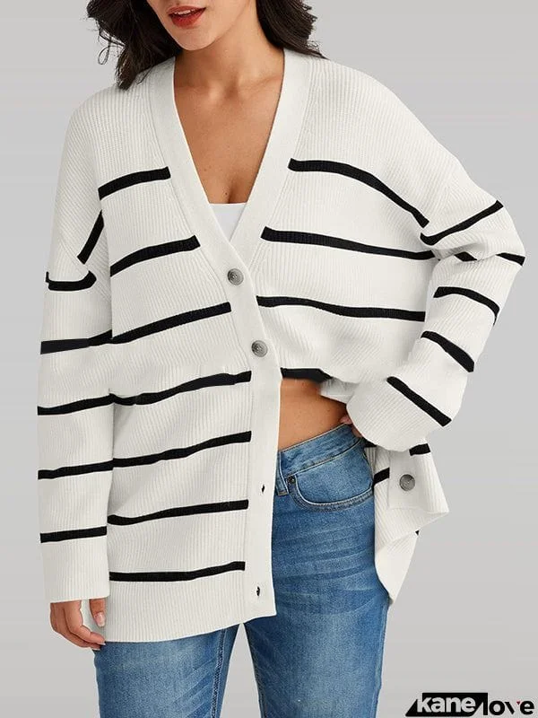 Long Sleeves Loose Split-Joint Striped V-Neck Cardigan Tops