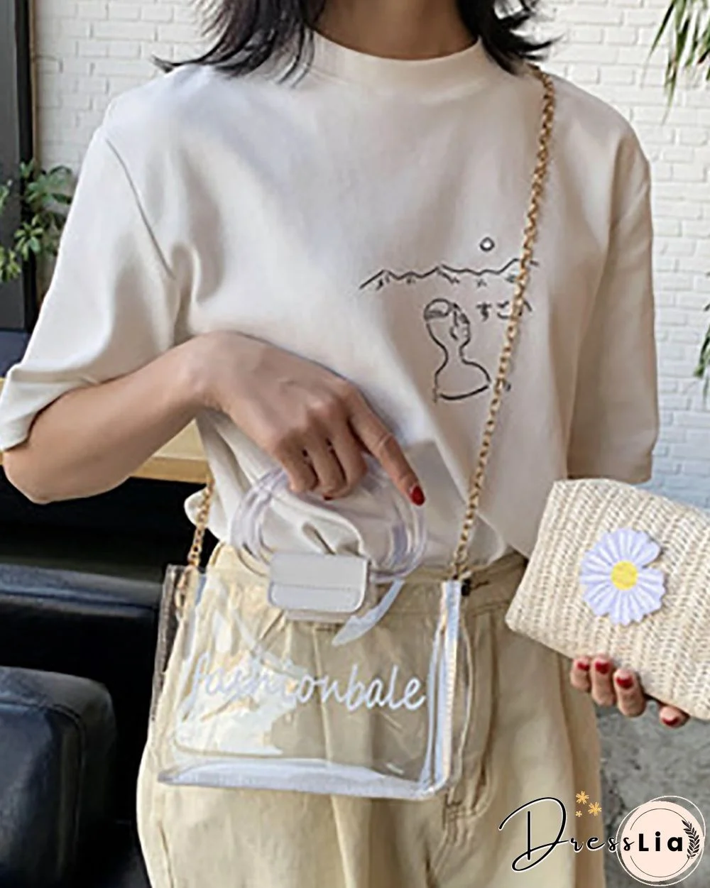 Clear Letter Print Floral Pattern Satchel Bag