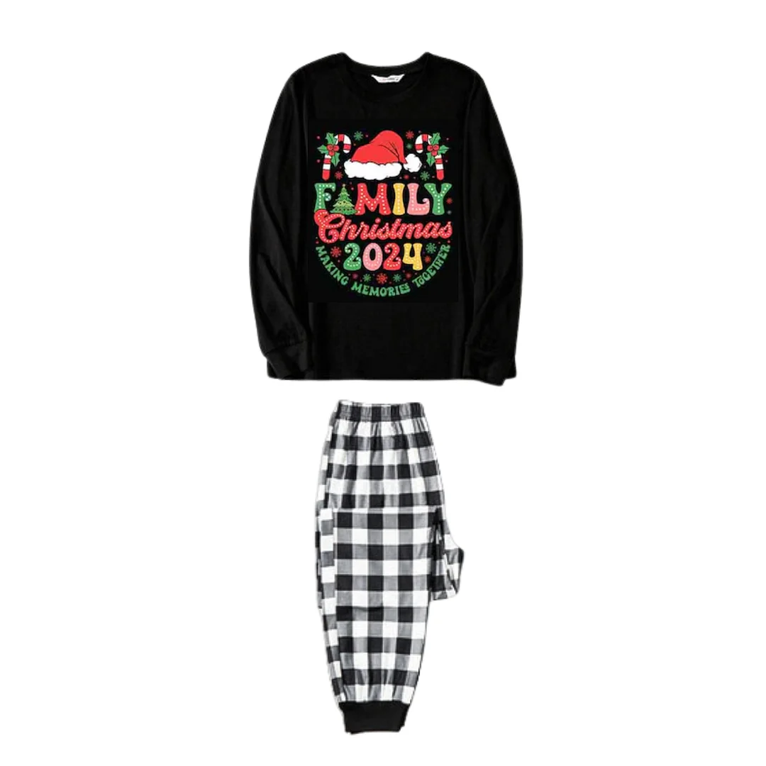 "Family Christmas 2024" Cute Pattern Print Black and White Plaid Family Matching Pajamas