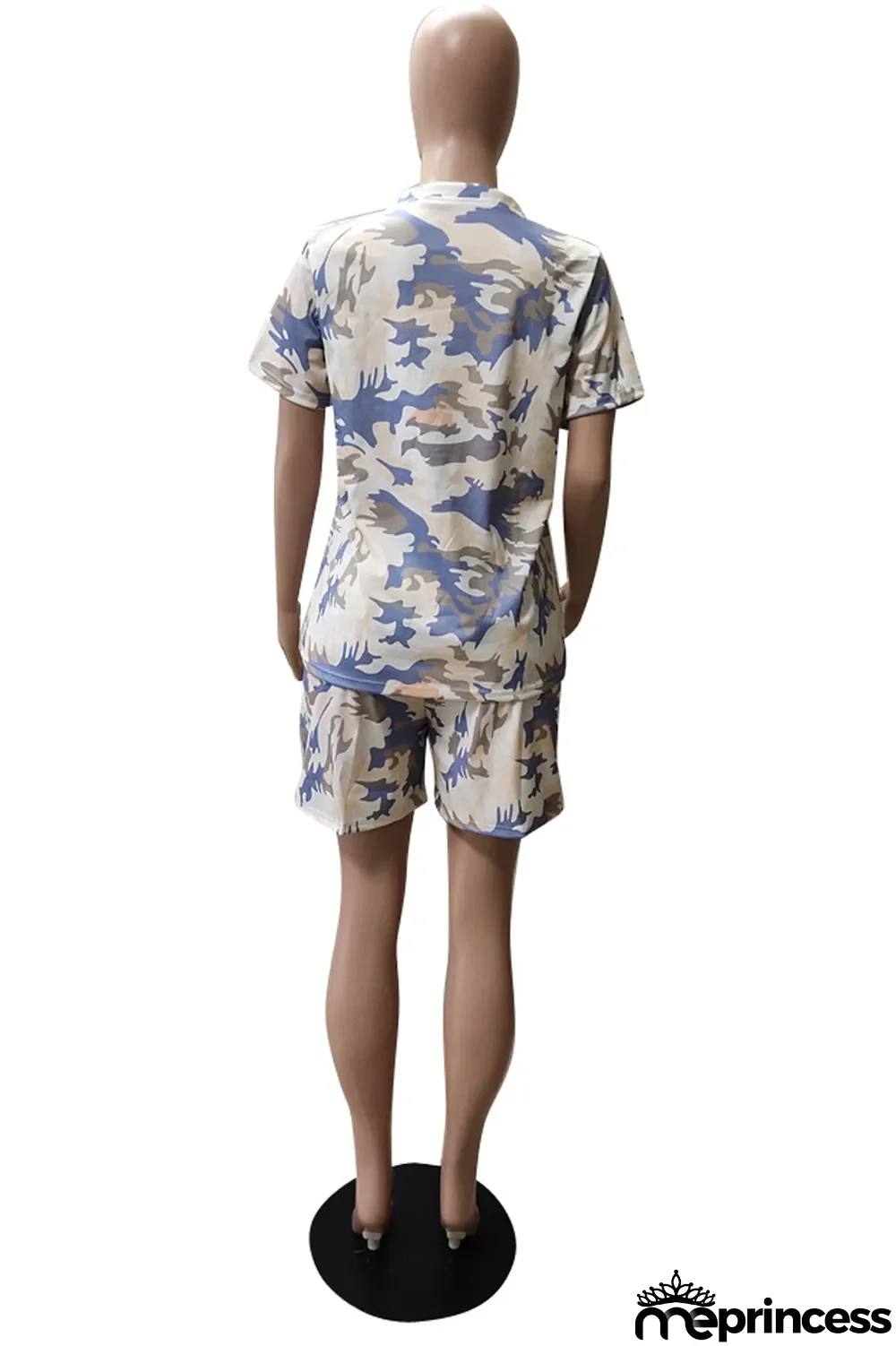 Blue Casual Camouflage Print Split Joint V Neck Plus Size Two Pieces