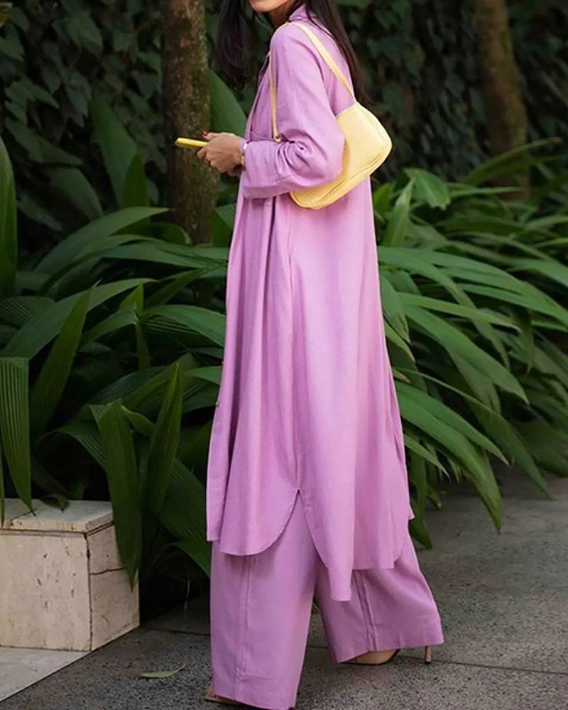 Three piece set of casual cardigan & top & wide leg pants