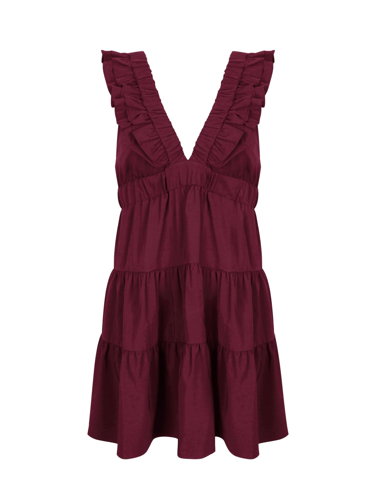 Casual Dress for Summer, Breathable Women's Fitted Plain Deep V Neck Ruffled Dress, Women's Clothes for Daily Wear, Womenswear