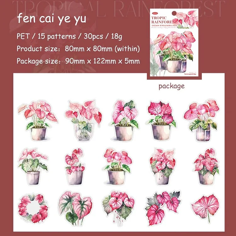 Journalsay 30 Sheets Tropical Rainforest Series Vintage Plant Flower PET Sticker