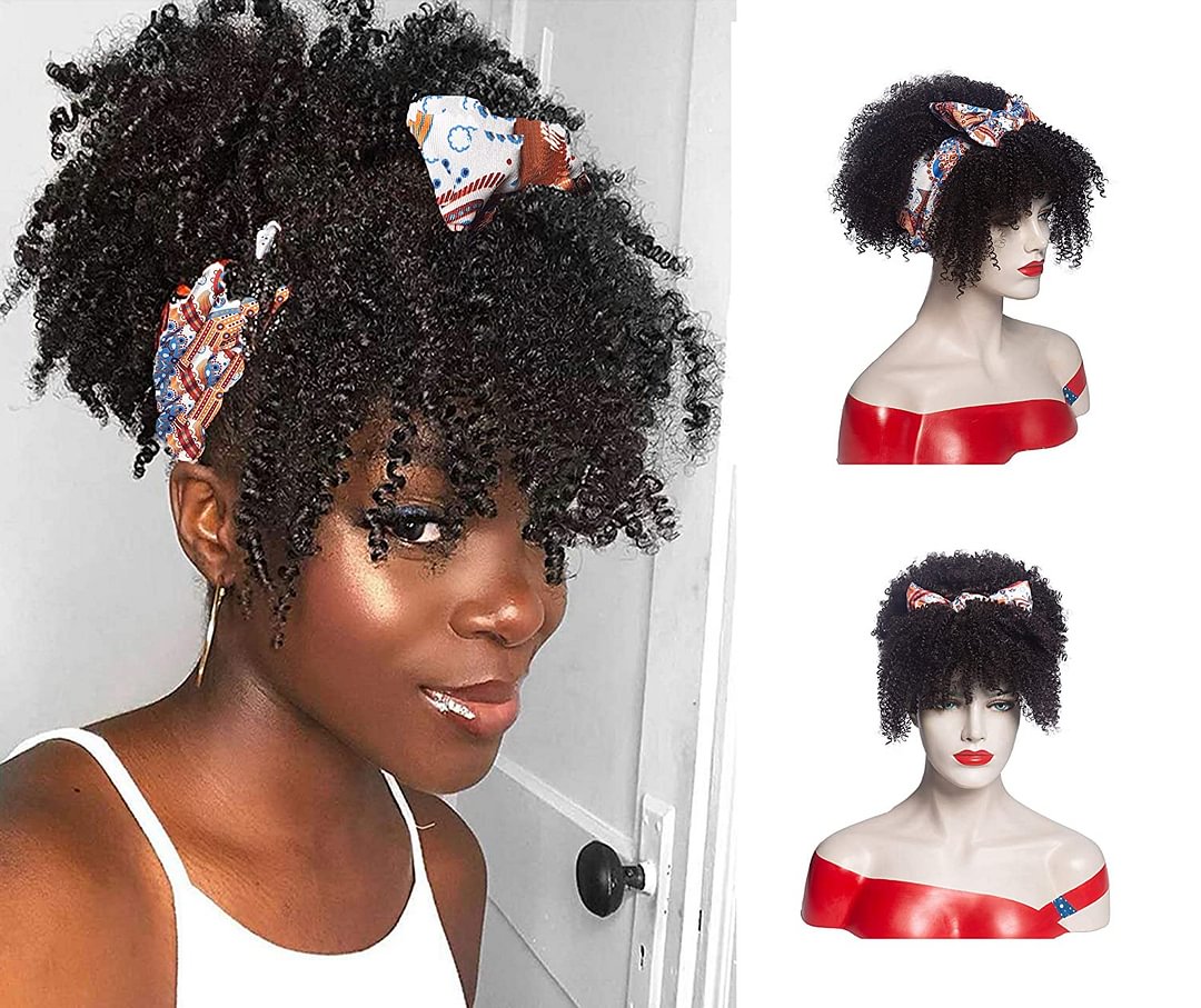 Hot Sexy Kinky Curly Bang Wig with Cute Bowtie Headband-elleschic