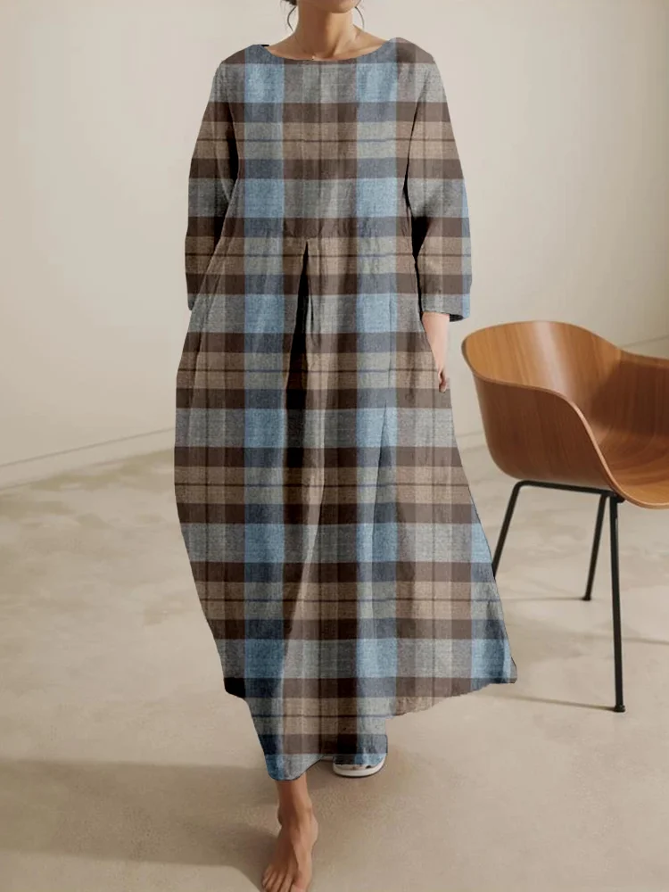 Scotland Vintage Plaid Linen Blend Maxi Dress