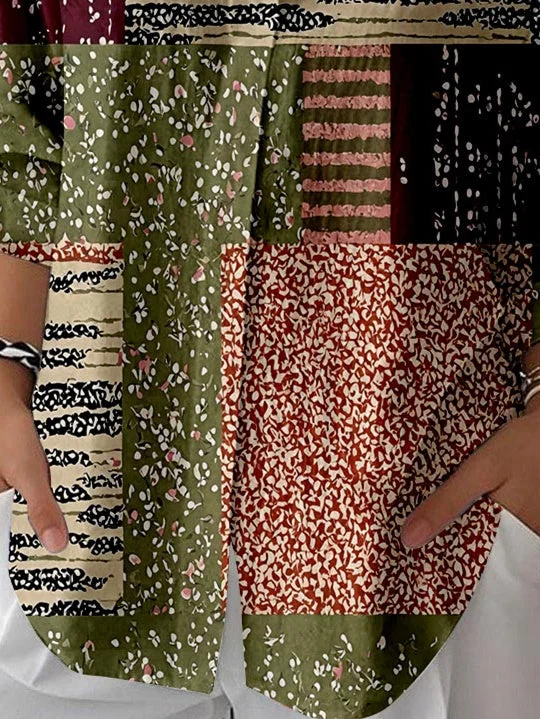 Women 3/4 Sleeve Shirt Collar Floral Printed Graphic Button Tops