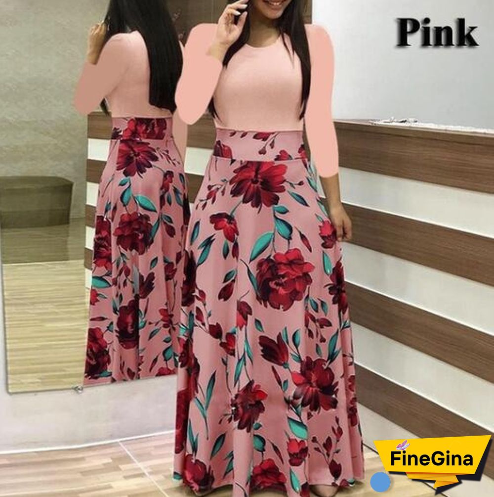 Women's Fashion Causal Dress Long Sleeve Printed Dress High Waist Long Dress Plus Size S-5XL