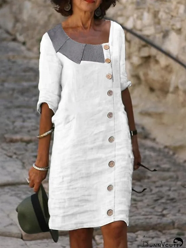 Casual Dress Cotton Linen Dress Shift Dress Midi Dress Cotton Blend Fashion Modern Outdoor Daily V Neck Patchwork Button Half Sleeve Summer Spring Fall Regular Fit White Plain S M L XL for Women