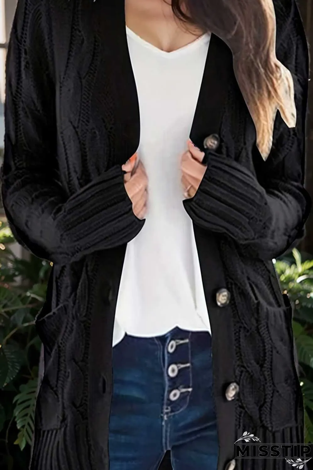 cozy cable knit button front long sleeve cardigan