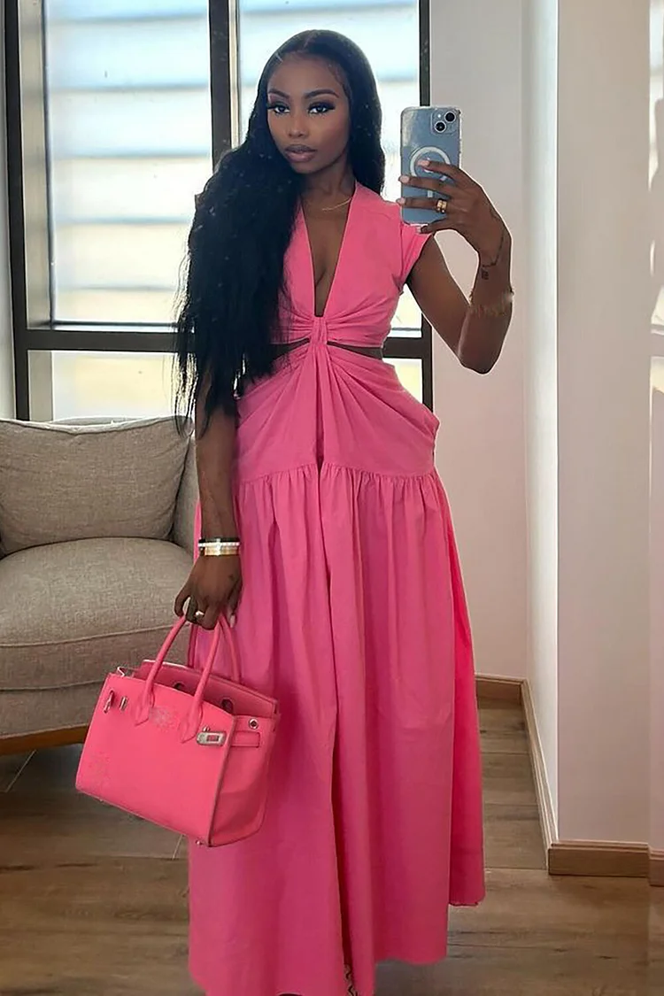 Deep V Neck Cap Sleeve Cutout Ruched Solid Color Maxi Dresses-Pink