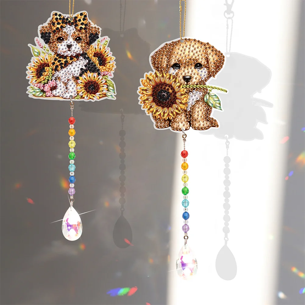 2Pcs 5D DIY Diamond Painting Sun Catcher Crystal Painting Ornaments (Puppy)