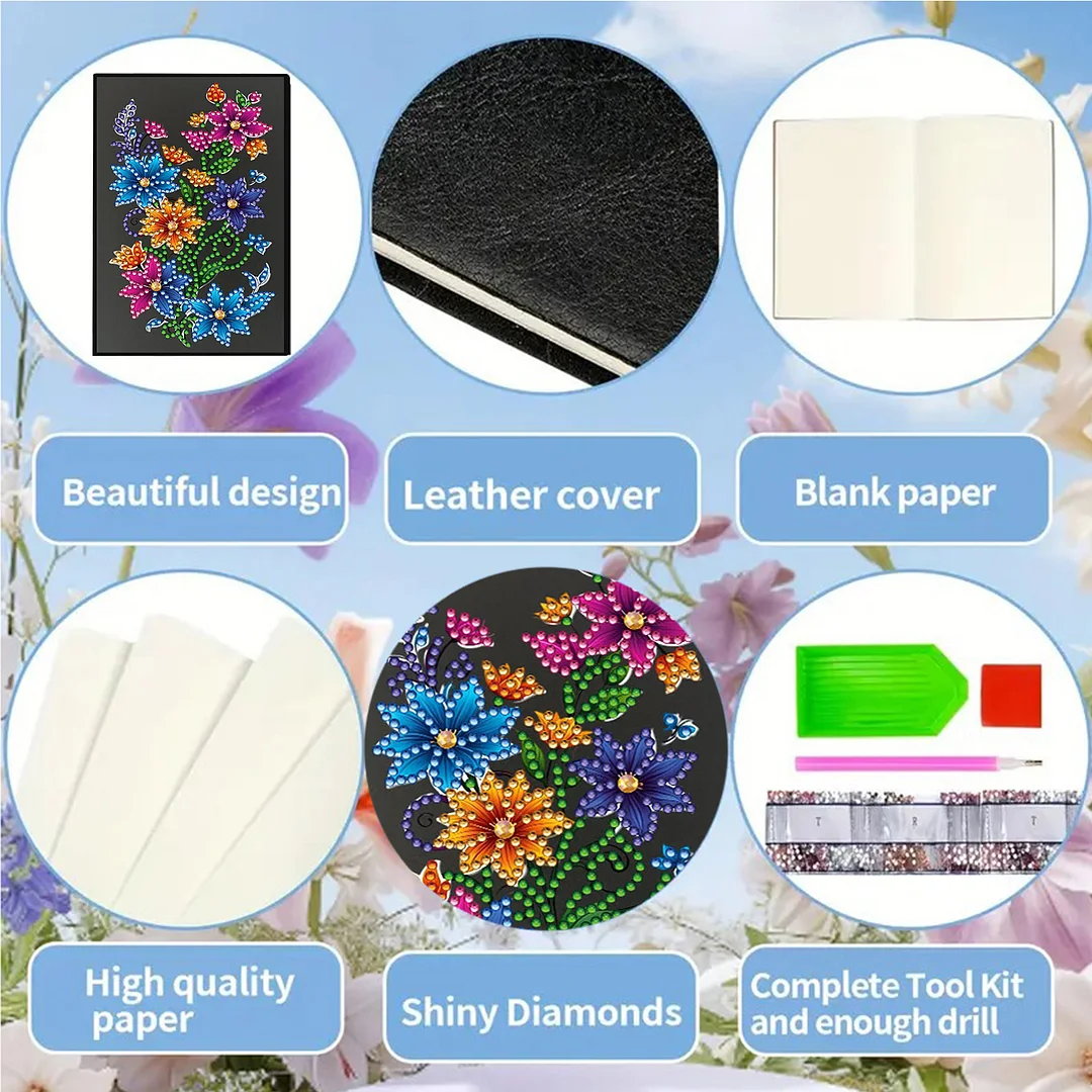 5D DIY Rhinestone Art Painting Notebook Kit for Holiday Birthday Gift (Flower)