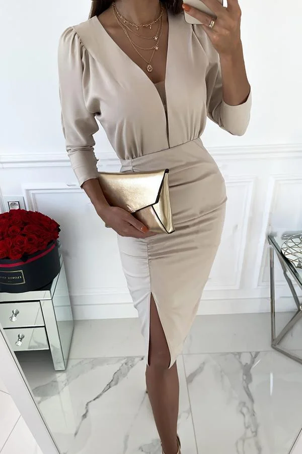 Balcony Nights V- Neck Ruched Slit Party Dress
