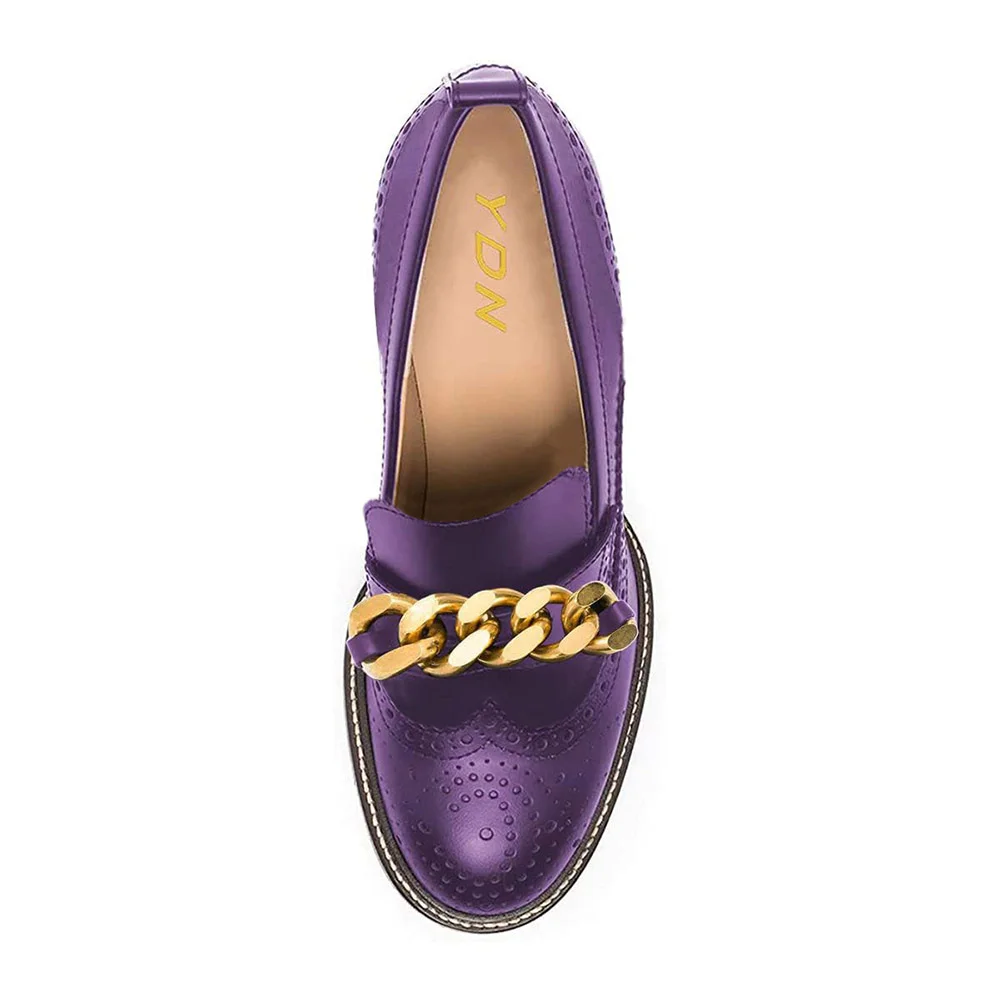 Round Toe Chain Perforated Chunky Heeled Loafers Women in Purple