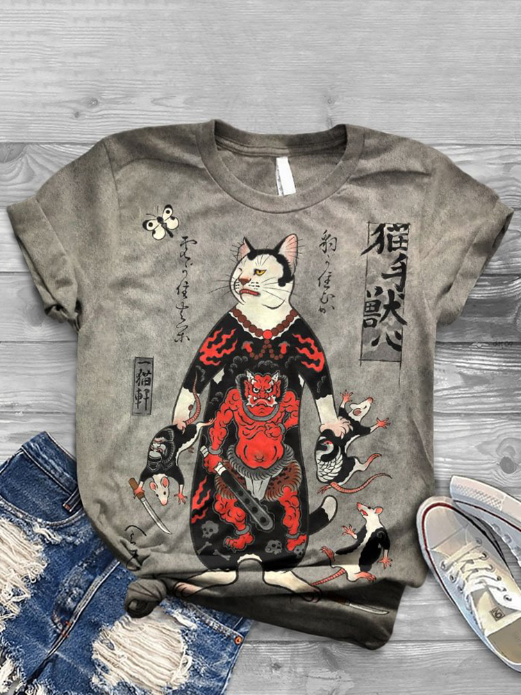 Comstylish Japanese Style Exterminate Mouse Cat Monster Print Crew Neck Cozy Vintage T-Shirt