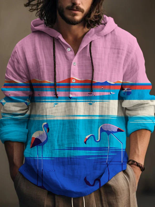 Men's Tropical Flamingo Geometric Art Print Hooded Shirt