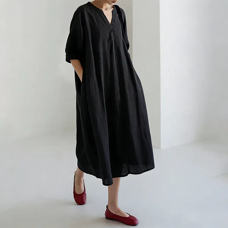 Vintage Solid Color V Neck Comfy Linen Midi Dress