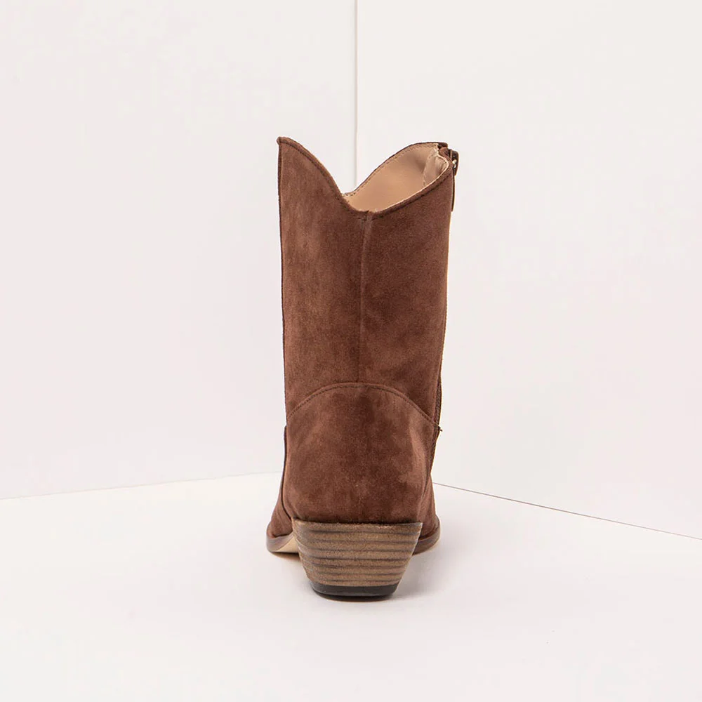 Vegan Suede Almond Toe Zipper Chunky Heel Ankle Boots in Brown