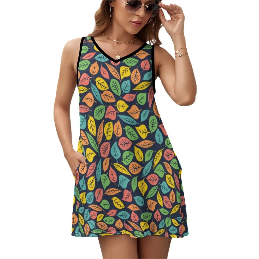 Women's Leaf Pattern Sleeveless Sundress V-Neck Casual Tank Loose Fit Flowy Dresses