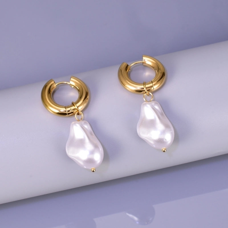 Fashion Irregular Gold Plated 304 Stainless Steel Titanium Steel Artificial Pearls 18K Gold Plated Earrings