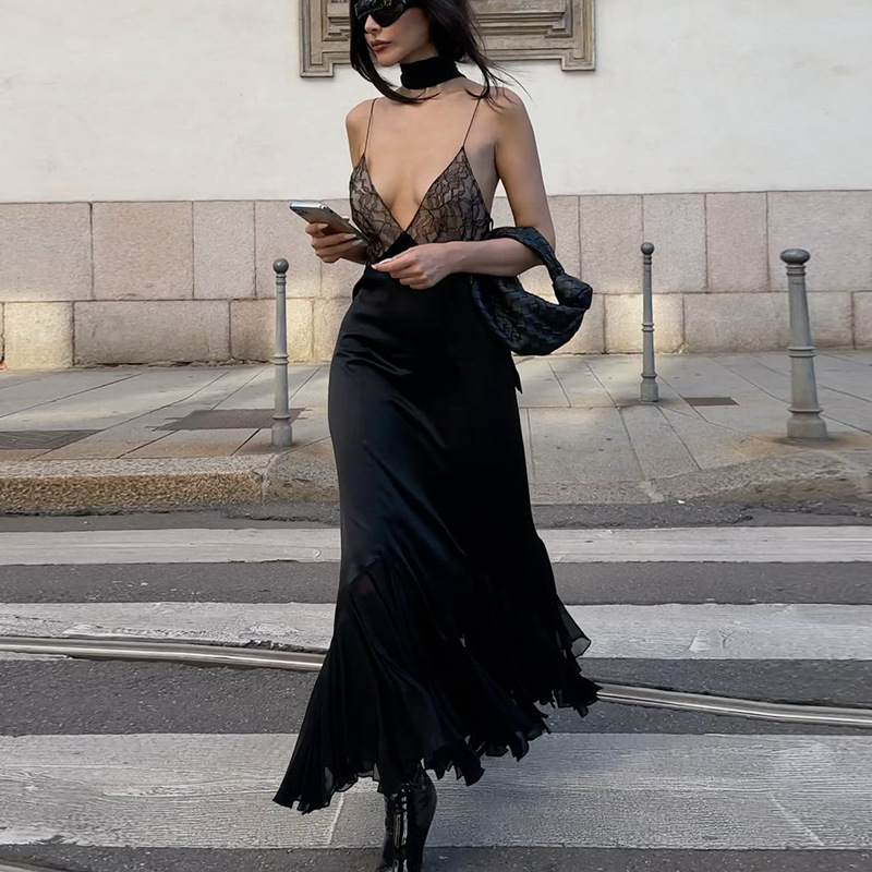 Ootddress Female Mesh Lace Halter Dresses Patchwork Backless Slim Sexy Fashion V-Neck Spaghetti Maxi Dress Women Printed Long Dress