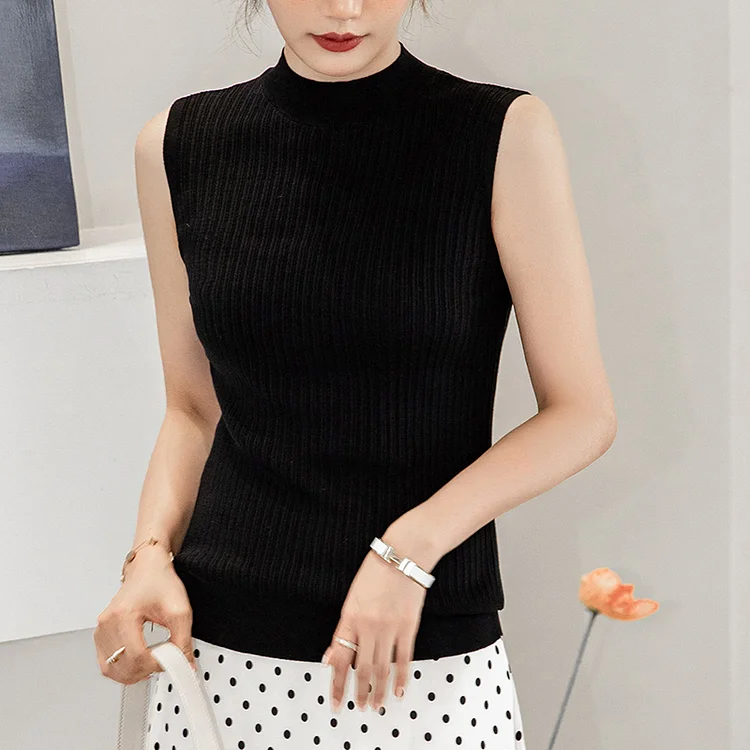 Trackpodssl Women Wool Plain Knitted Tank Tops Female Solid Sleeveless Tees Half high colla Slim Crop Top Female Casual Crop Tops For Women