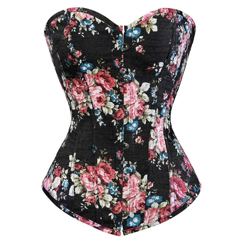 Fashion Corset Women's Vintage Floral Denim Corset Bustie Overbust Burlesque Sexy Lingerie Top Waist Cincher Body Shaper Blue