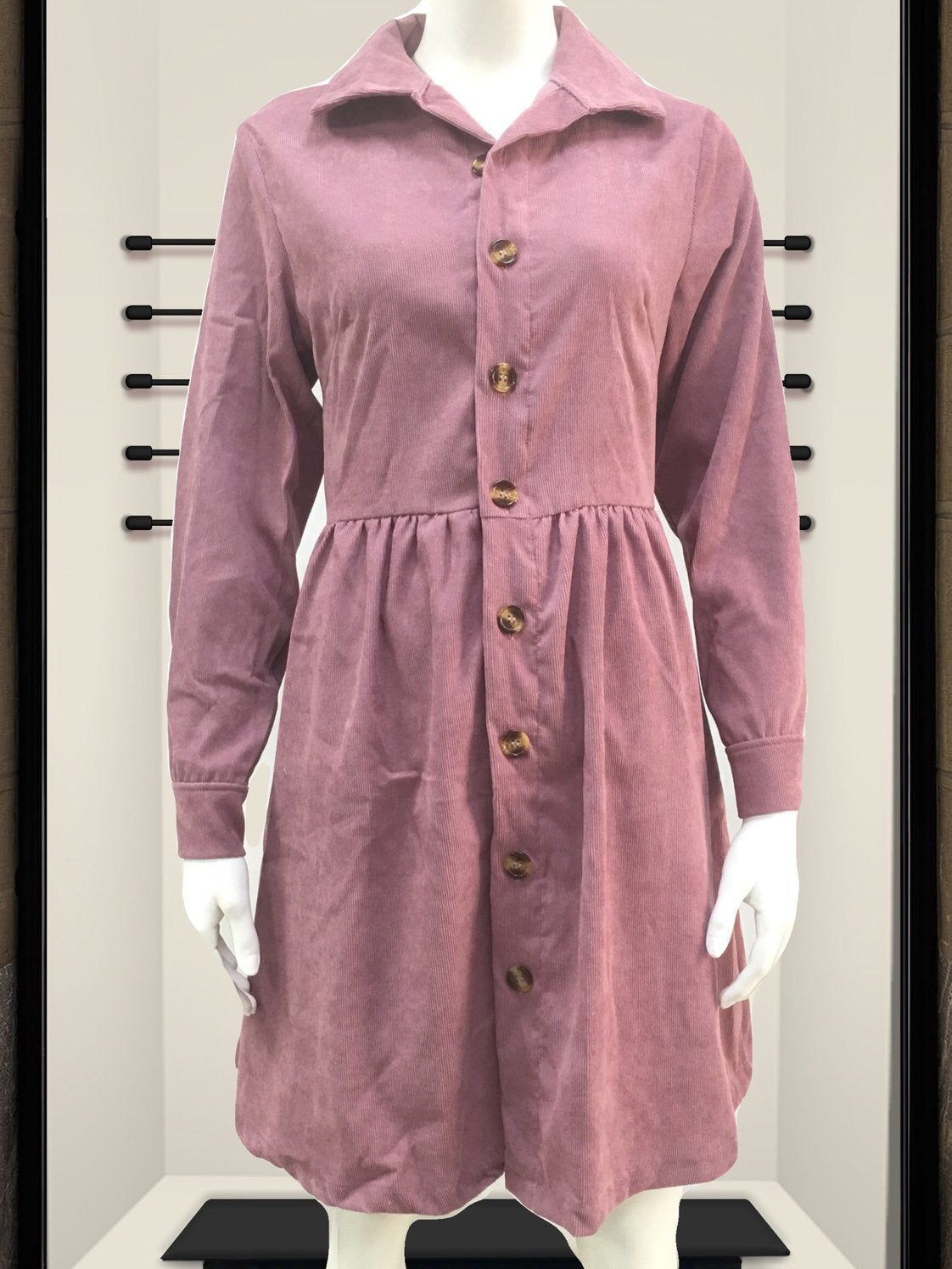 Women Long Sleeve V-neck Button Midi Dress