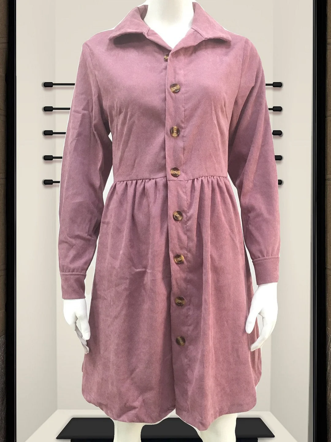 Women Long Sleeve V-neck Button Midi Dress